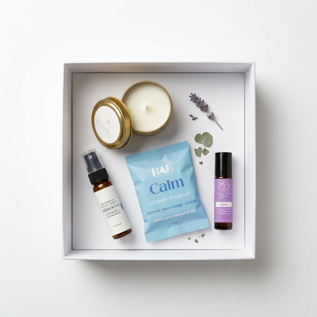 Calm gift set, roll on blend, shower steamer, serenity spray mist, lavender chamomile candle tin