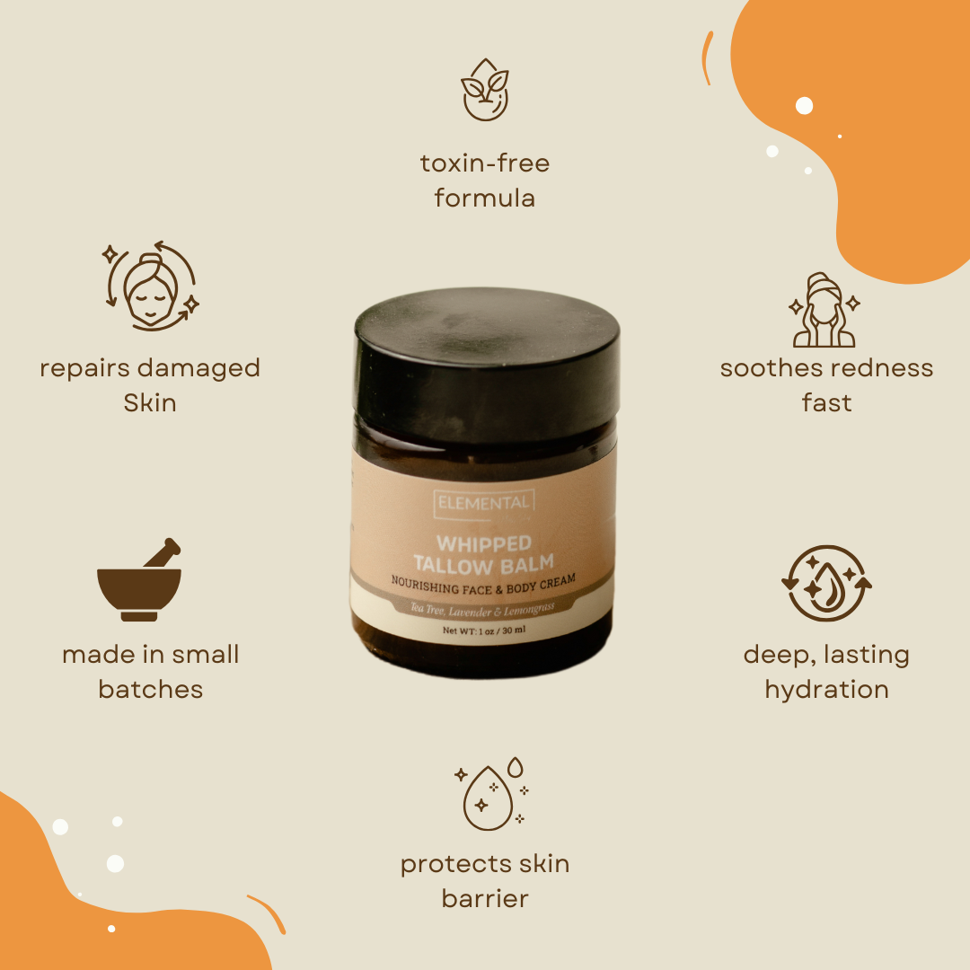 Whipped tallow balm jar with benefits listed on a beige background