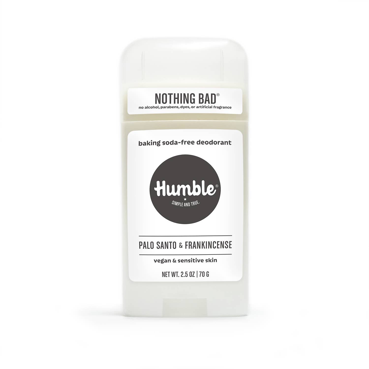 Front of Humble Palo Santo & Frankincense deodorant – vegan, baking soda free formula for sensitive skin, 2.5 oz – available at www.aromathyme.com