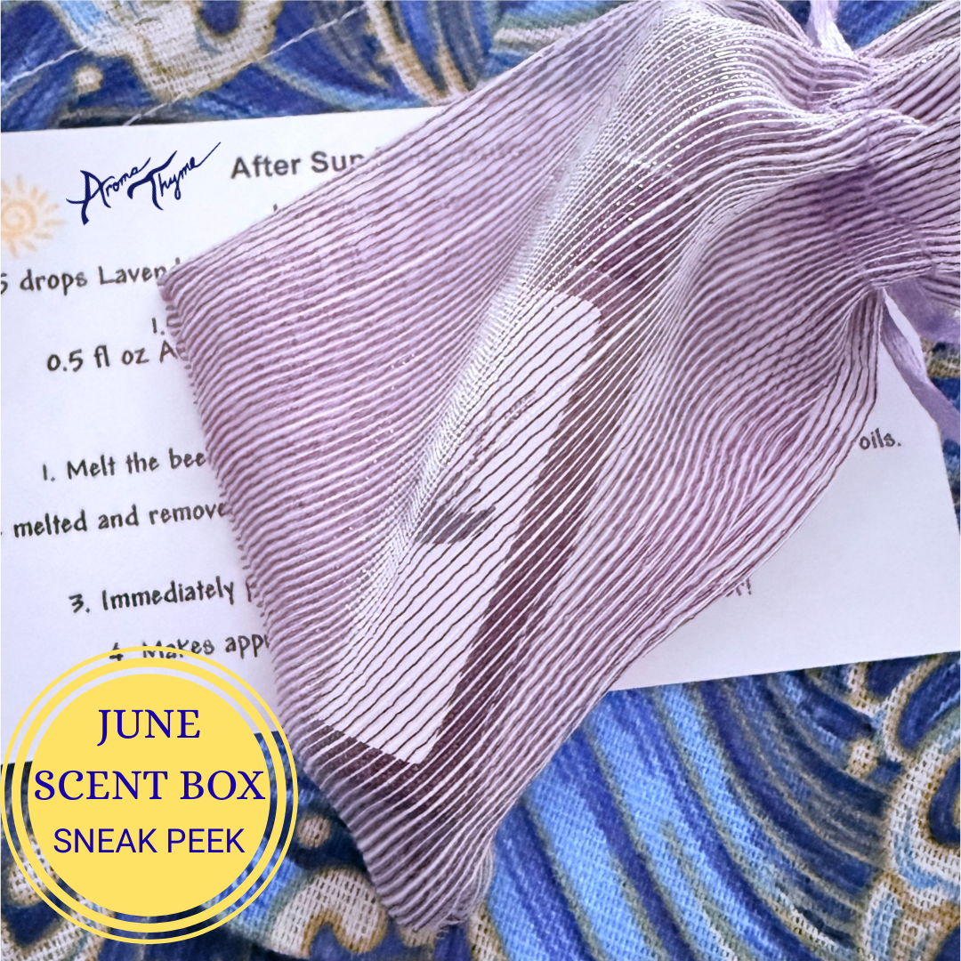 June scent of the month club sneak peek purple and blue background with aroma thyme logo