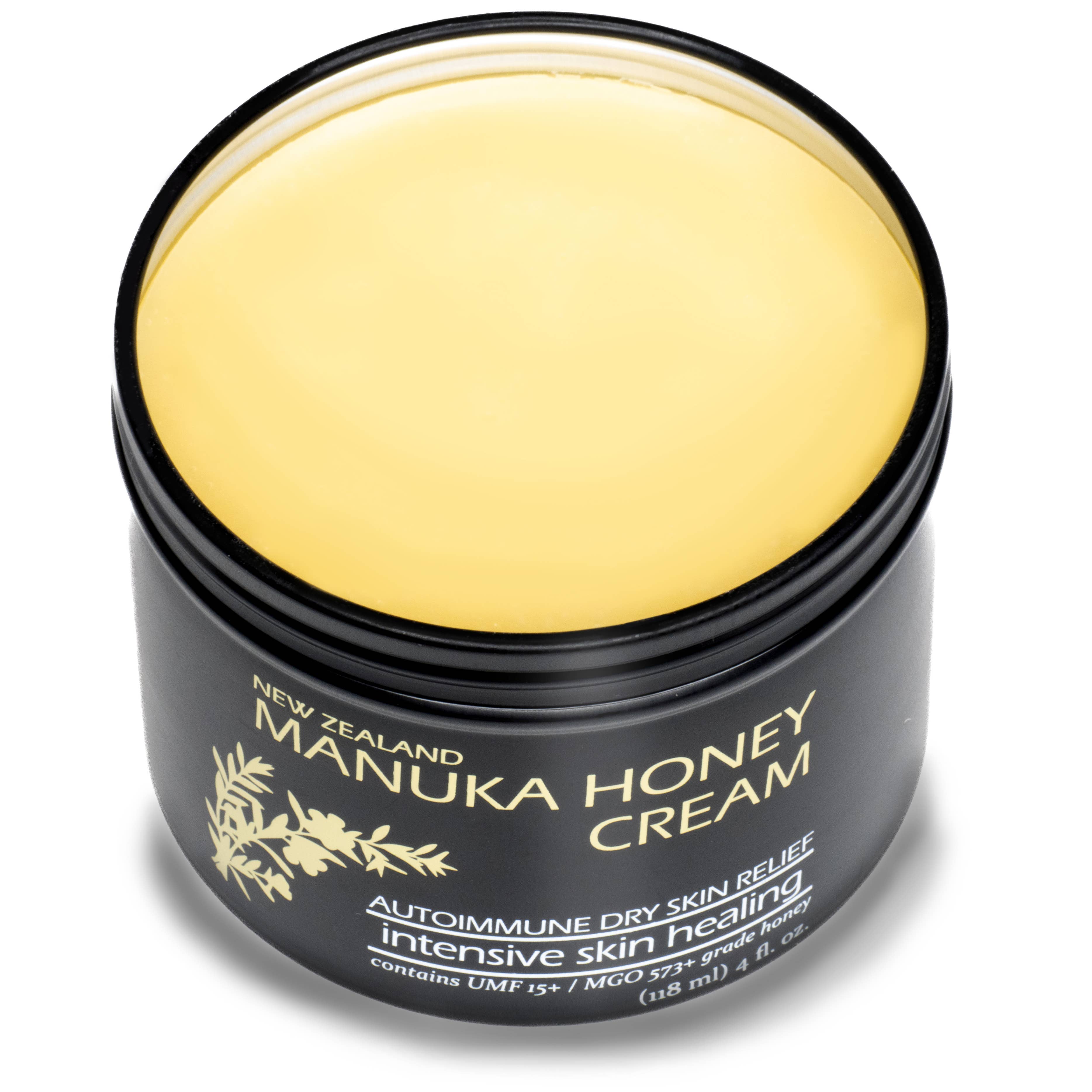 Open jar of New Zealand Manuka Honey Tallow Healing Cream showing creamy texture — intensive moisture for dry, irritated skin