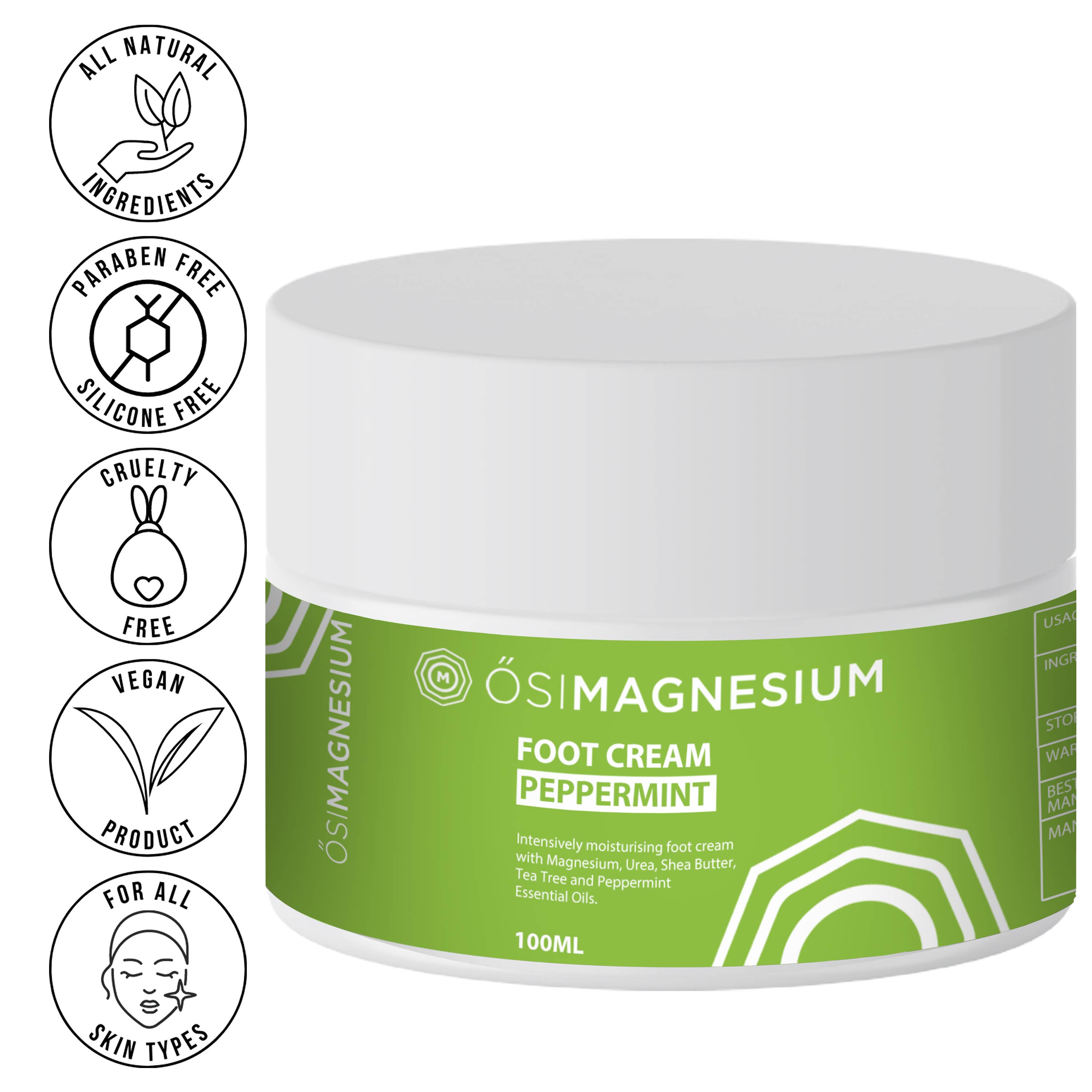 "ŐSIMAGNESIUM Magnesium Foot Cream – Tea Tree & Peppermint formula in retail packaging"