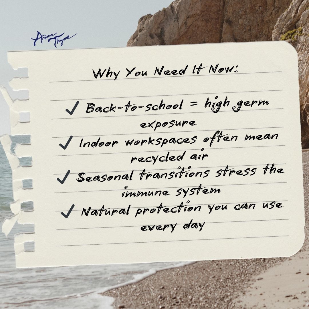 Note with handwritten text about the importance of four thieves blend for natural protection for immune system health, placed on a beach background.
