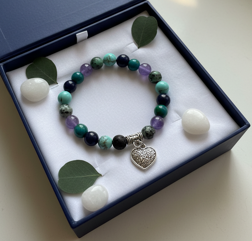 Amethyst, Chrysocolla & Lapis, Diffuser Bracelet-Heart Charm