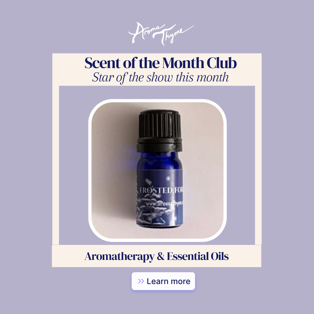 Aromatherapy essential oil bottle with promotional text for 'Scent of the Month Club' on a light purple background.