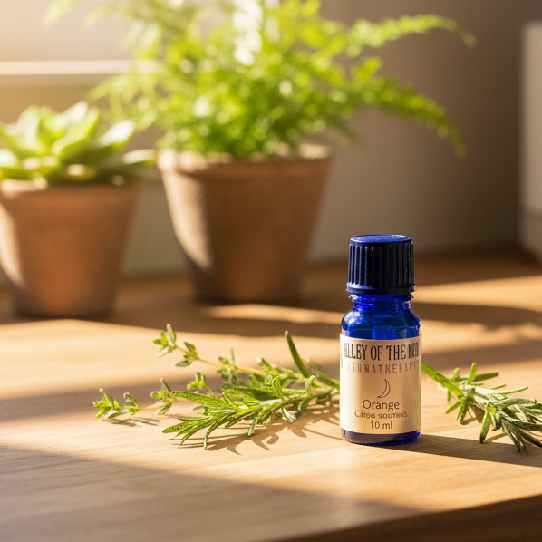 Bottle of valley of the moon aromatherapy Orange essential oil with green leaves on a wooden surface, potted plants in the background.