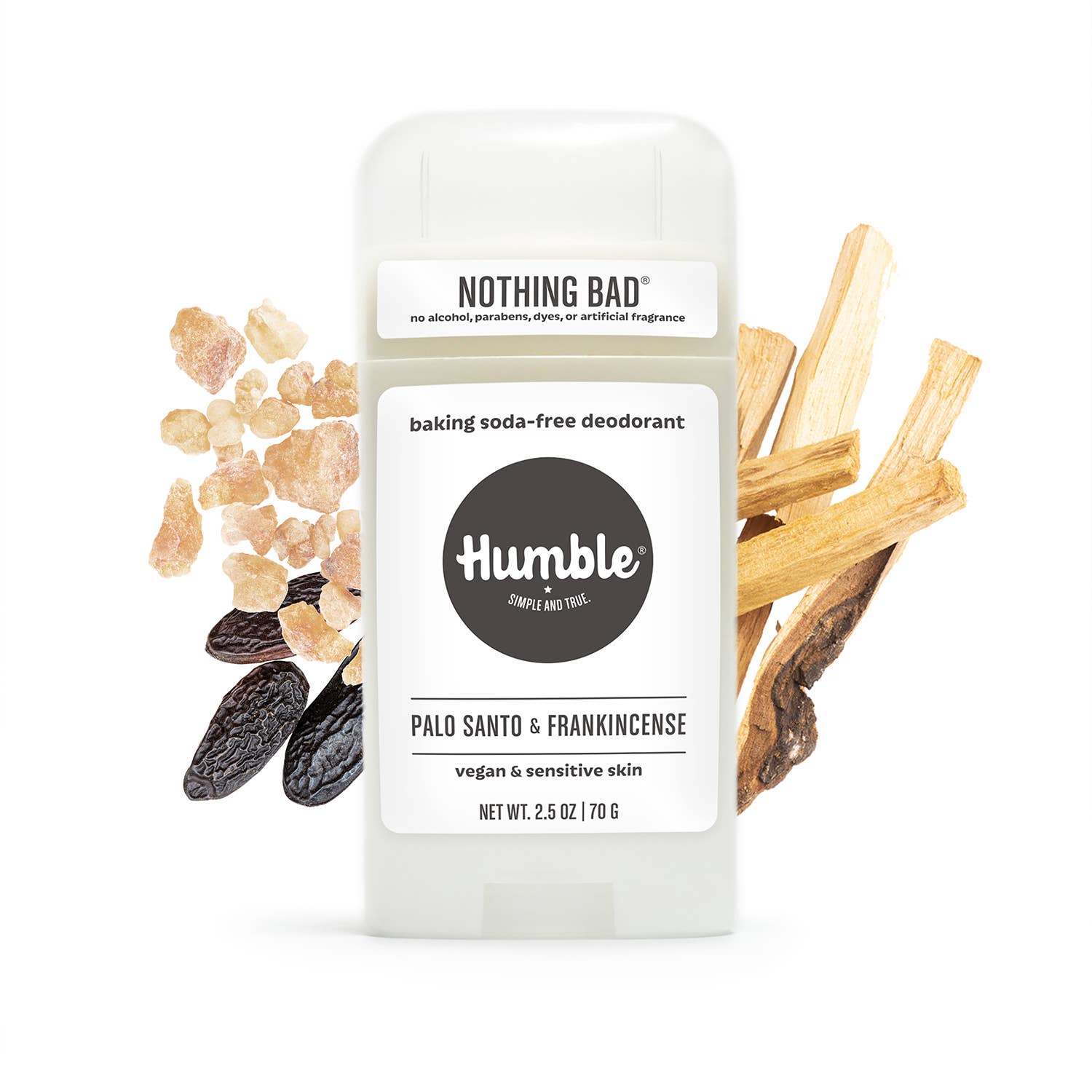 Front of Humble Palo Santo & Frankincense deodorant with Palo Santo sticks and frankincense resin – vegan, baking soda free formula for sensitive skin, 2.5 oz – available at www.aromathyme.com