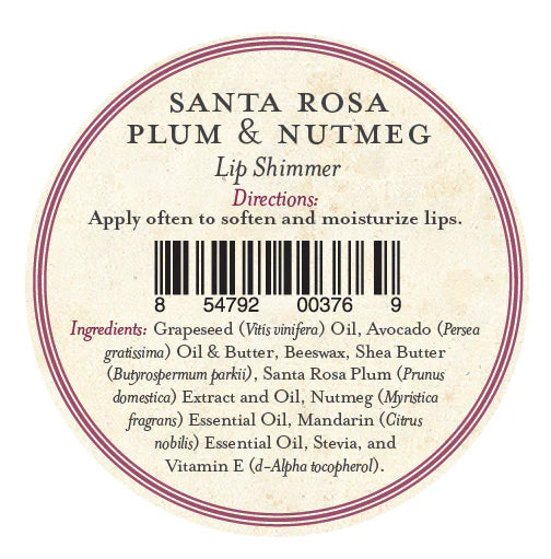 Lip shimmer label with Santa Rosa Plum & Nutmeg flavor on a white background