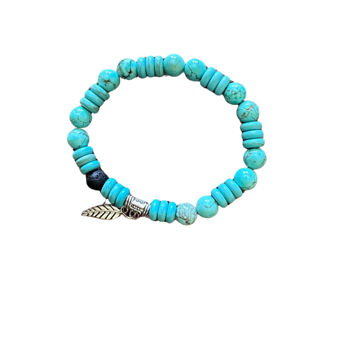 Turquoise with  Feather Charm Essential Oil Elastic Slip On Bracelet